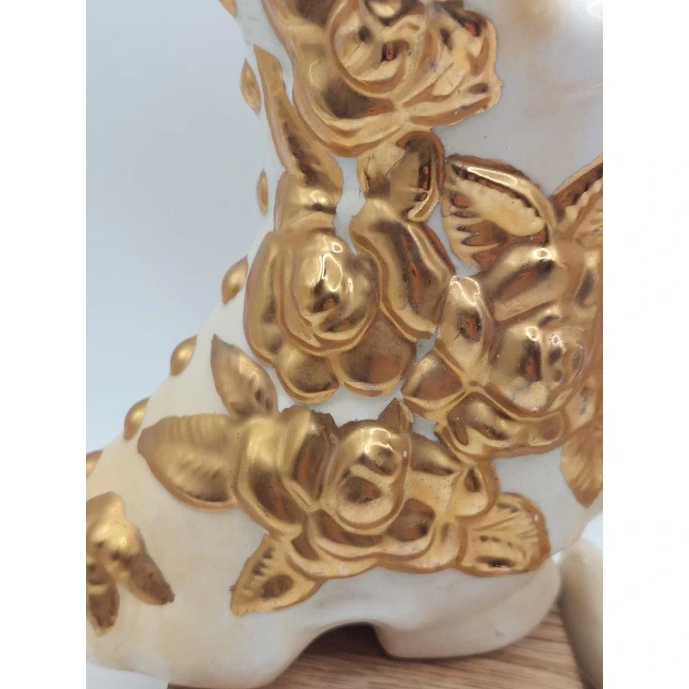 Vintage White Gold Ceramic Boot Planter Pair Rose Floral Shabby Chic Victorian